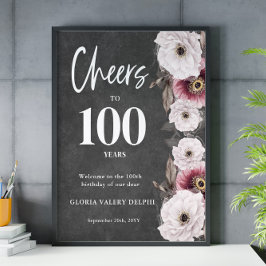 Vit Blommigt Cheers till 100:e födelsedag Välkomna Poster