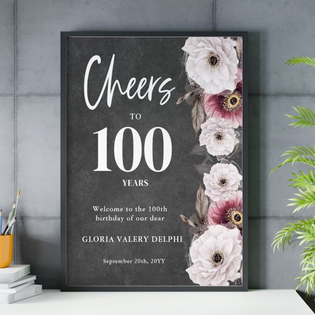 Vit Blommigt Cheers till 100:e födelsedag Välkomna Poster (Skapare uppladdad)