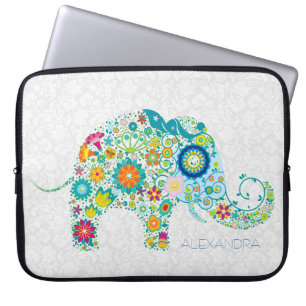 Vit Blommigt Damaskasker Färgfull Blommigt Elephan Laptop Fodral
