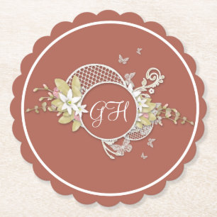 Vit Blommigt Design Butterfly Loely Monogrammed Underlägg Papper