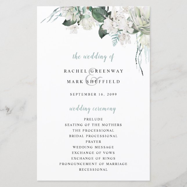 Vit Blommigt Dusty Blue Sage Grönt Bröllopsprogram (Framsida)