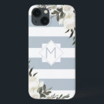 Vit Blommigt - Dusty Blue Stripe Framed Monogram<br><div class="desc">Vit Blommigt Dusty Blue Streed-ramdesign i monogram. Trendig och snyggt, lägg bara till personligens ursprungliga brev. Gör en modern och klasslig gåva till henne, mammor, mormödrar, moster, flickvänner med mera. Den här feminina Eleganten och den ser giftigt ut som par Dusty Blue Grått och vitt vågrät rand, med vintage vit...</div>