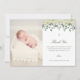 Vit Blommigt Elegant Fotodobaptism Tack Kort