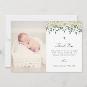 Vit Blommigt Elegant Fotodobaptism Tack Kort