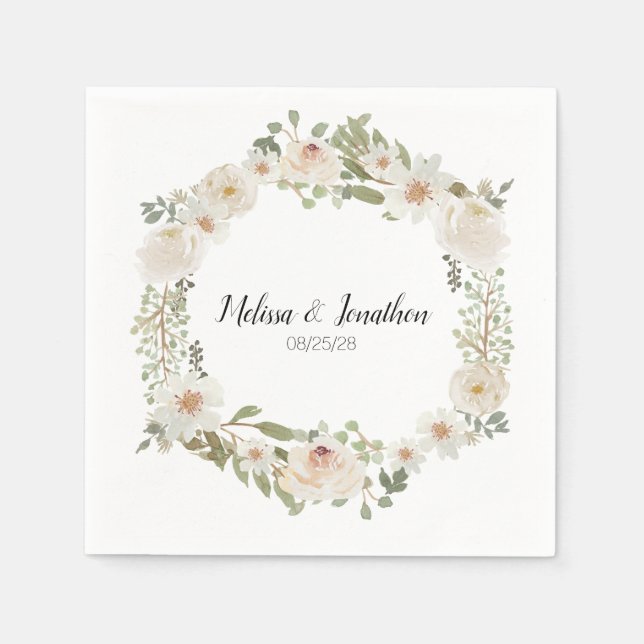 Vit Blommigt Elegant Romantic Bröllop Napkins Pappersservett (Framsidan)