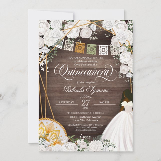 Vit Blommigt Elegant Western karro quinceanera in Inbjudningar (Framsida)