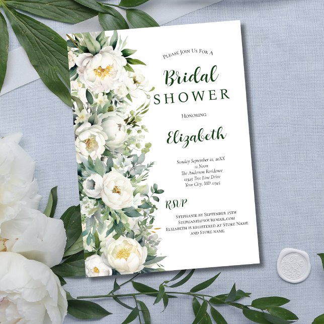 Vit Blommigt Eucalyptus Greenery Möhippa Inbjudningar (White Peony Floral Eucalyptus Greenery Bridal Shower Invitation)