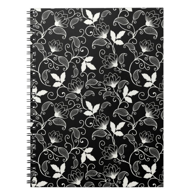 Vit Blommigt för Abstrakt på svart bakgrund Anteckningsbok (Framsidan)