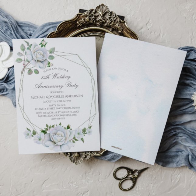 Vit Blommigt Geometric Watercolor 25-årsjubileum Inbjudningar (Skapare uppladdad)