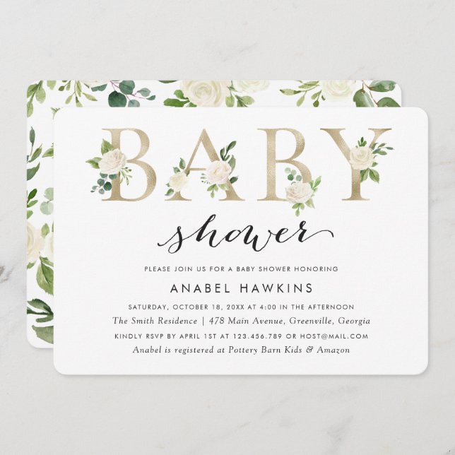 Vit Blommigt Gold Foil Baby Shower Inbjudningar (Fram/baksida)
