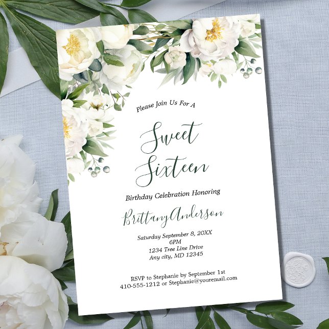 Vit Blommigt Greenery Botanical Sweet sixteen 16 Inbjudningar (White Floral Greenery Formal Sweet Sixteen Birthday Party Invitation)