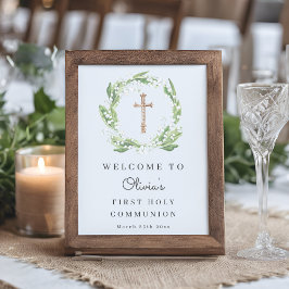 Vit Blommigt Greenery First Communion Välkommen Poster