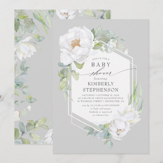 Vit Blommigt Greenery Modern Elegant Baby Shower Inbjudningar (Fram/baksida)