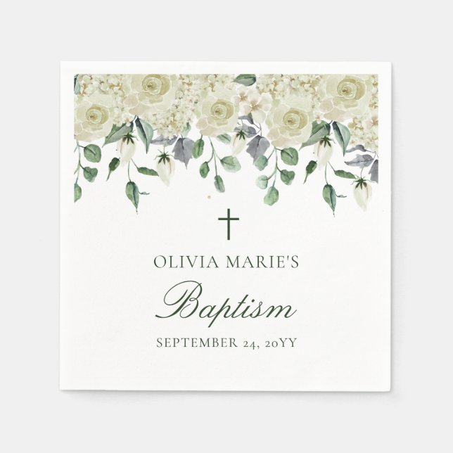 Vit Blommigt Greenery Simple Modern Baptism Pappersservett (Framsidan)