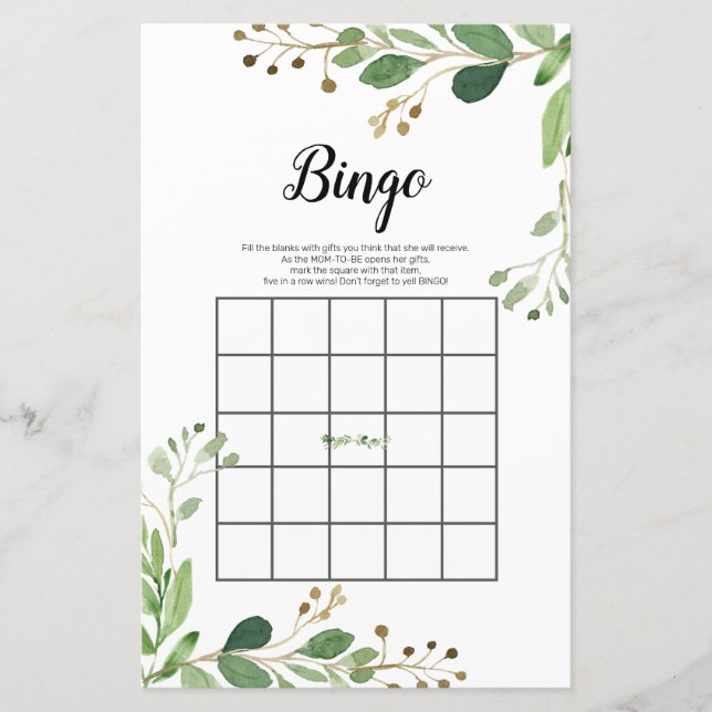 Vit Blommigt Greenery Watercolor Bingo Game (Framsida)