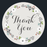 Vit Blommigt Gren utandning | Tack, Sticker Runt Klistermärke<br><div class="desc">Elegant lätt grått bröllop-dekal med hand plockade grenar, vita anemonblommor, blå och tegelröda knoppar, grönt lämnar allt i en vacker rustik hand som illustrerar stil. Alla blommor samlas i en vacker andedräkt för att föra ett sött gräns till det sofistikerade handskrivna teckensnittet stil. Klassisk typografi balanserar ut djärvskriptet. Trendig och...</div>