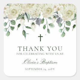 Vit Blommigt, Grey Baptism-Tack för Fyrkantigt Klistermärke