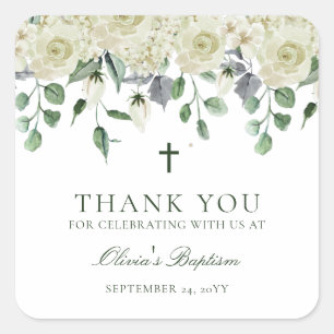 Vit Blommigt, Grey Baptism-Tack för Fyrkantigt Klistermärke