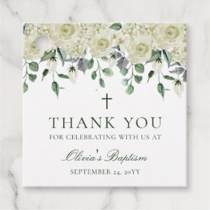 Vit Blommigt, Grey Baptism-Tack för Gåvor Etiketter