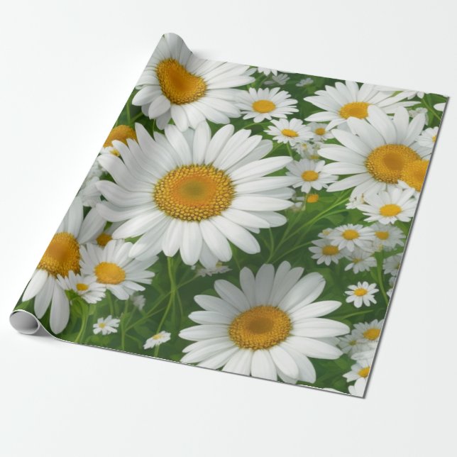 Vit blommigt grön i sötad daisy mönster presentpapper (Utrullad)