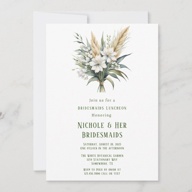 Vit Blommigt Grönt Målad Bridesmaids Luncheon Inbjudningar (Framsida)