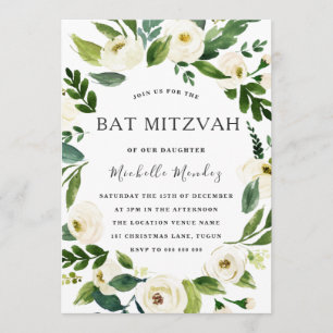 Vit Blommigt Grönt Utandning Modern Bat mitzvah Inbjudningar
