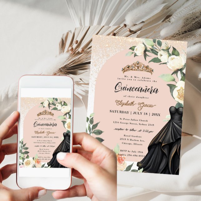 Vit Blommigt Guld Black Dress Quinceanera Birthday Inbjudningar (Skapare uppladdad)