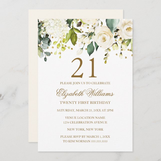 Vit Blommigt Guld Konfetti 21:a födelsedagen Inbjudningar (Fram/baksida)