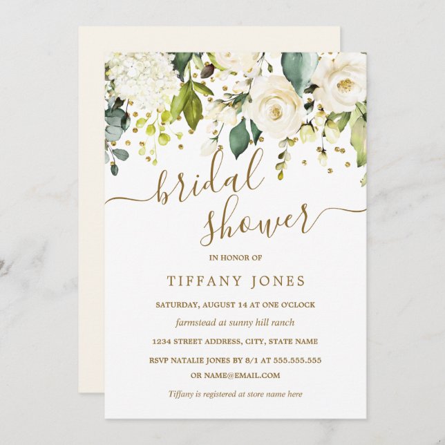 Vit Blommigt Guld Konfetti-Möhippa Inbjudningar (Fram/baksida)