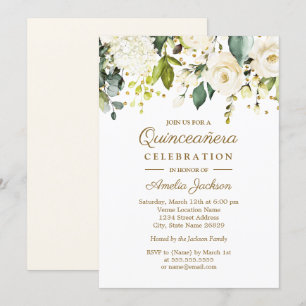 Vit Blommigt Guld Konfetti Quinceanera 15:e Inbjudningar