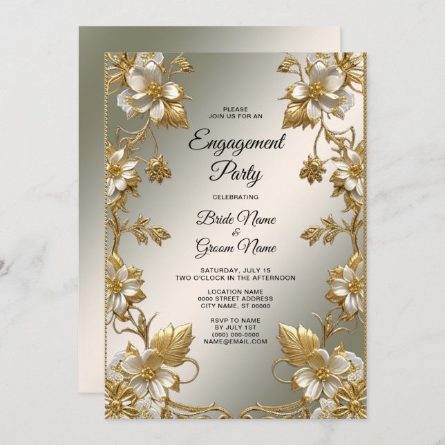 Vit Blommigt Guld Ornate Förlovning Inbjudningar (Fram/baksida)