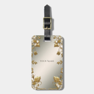 Vit Blommigt Guld Ornate Luggage Tag Bagagebricka