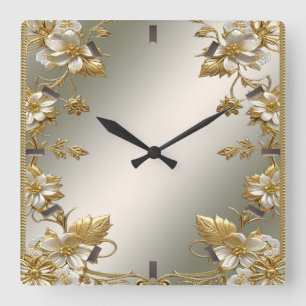 Vit Blommigt Guld Ornate Wall Clock Fyrkantig Klocka