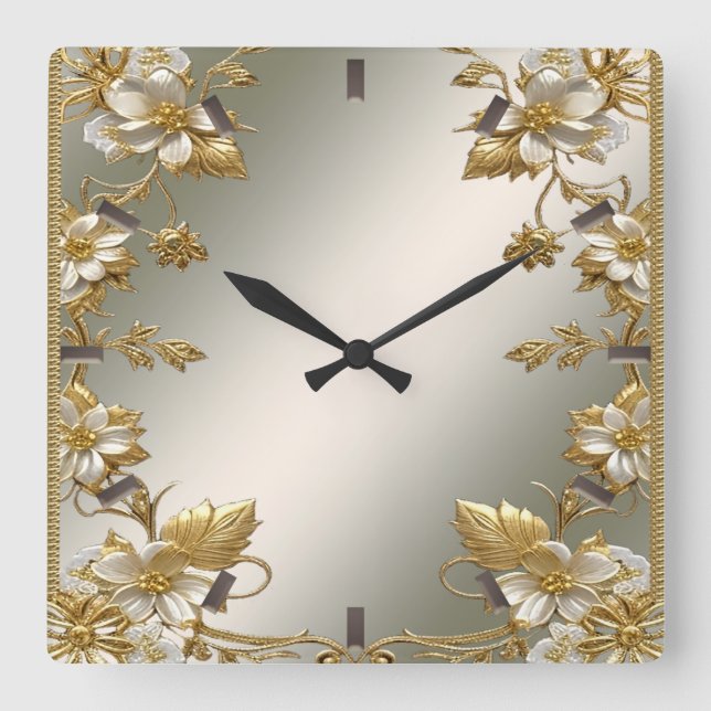 Vit Blommigt Guld Ornate Wall Clock Fyrkantig Klocka (Framsida)