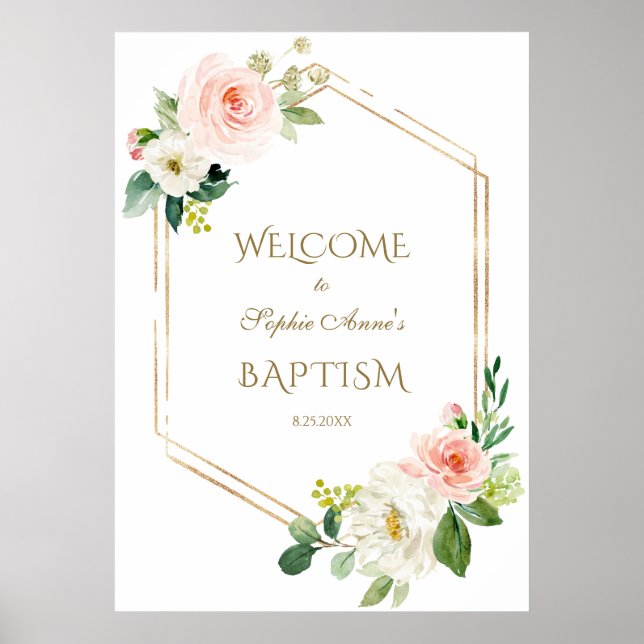 Vit  Blommigt Guld Ram välkomstskylt om baptism Poster (Framsidan)