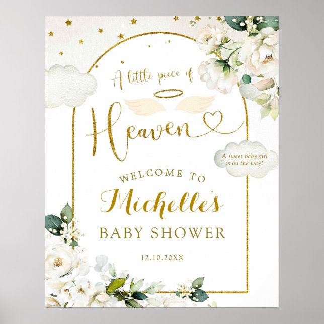 Vit Blommigt Heaven Baby Shower Välkomstskylt Poster (Framsidan)