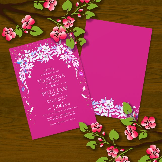 Vit blommigt, kascading garland magenta bröllop inbjudningar (Skapare uppladdad)