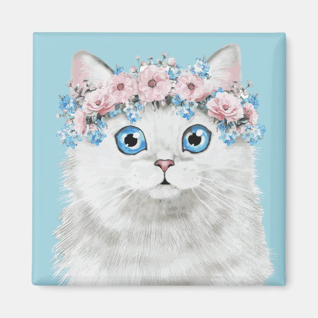 Vit Blommigt Katt Magnet (Framsidan)