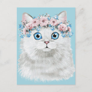 Vit Blommigt Katt Vykort