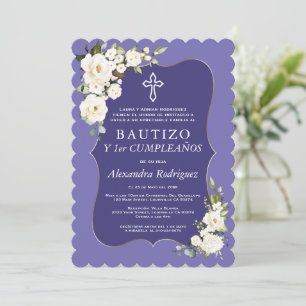 Vit Blommigt Lavender Spanska 1:a födelsedag Bapti Inbjudningar