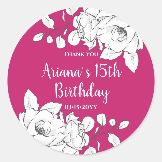 Vit Blommigt Magenta födelsedag Runt Klistermärke (Framsida)