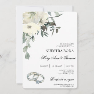 Vit Blommigt med silver ring spanska Bröllop Inbjudningar