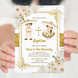 Vit Blommigt Mexikansk baptism Fiesta Twin Inbjudningar