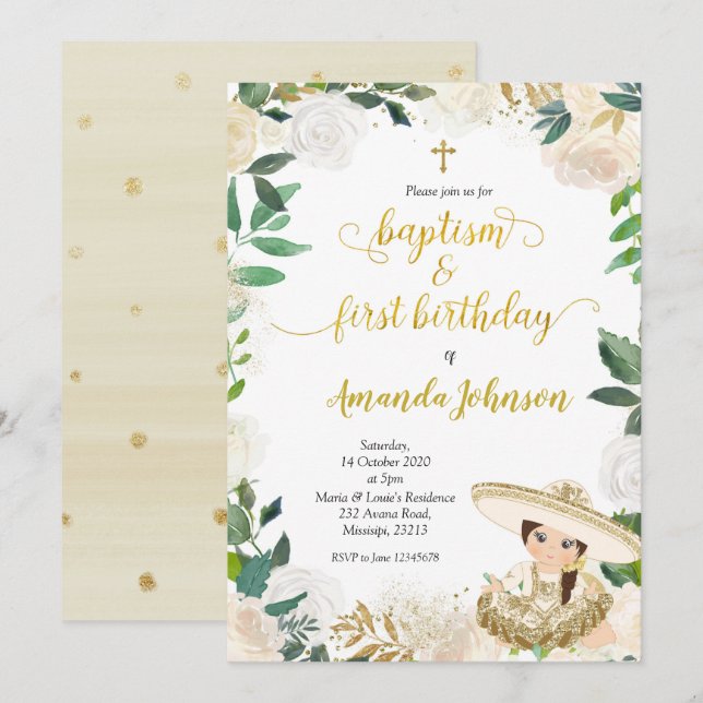 Vit Blommigt Mexikansk baptism och första födelsed Inbjudningar (Fram/baksida)