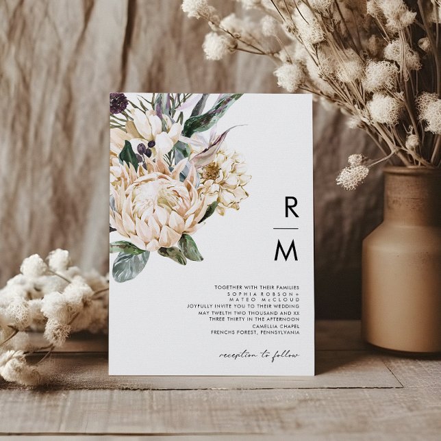 Vit Blommigt Monogram Bröllop Inbjudningar (Skapare uppladdad)