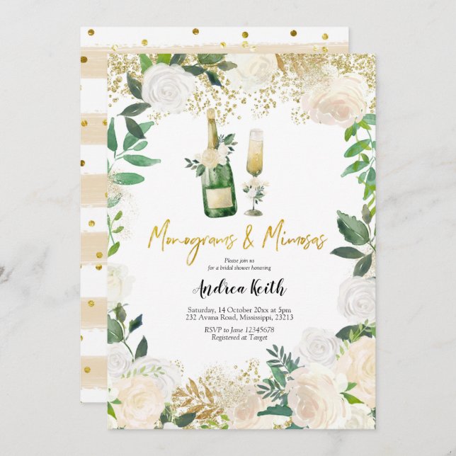 Vit Blommigt Monogram och Mimosas Möhippa I Inbjudningar (Fram/baksida)