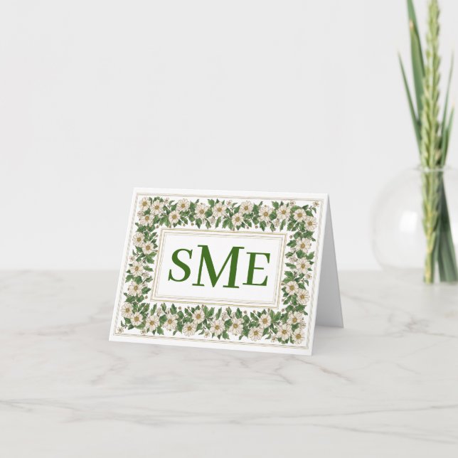 Vit Blommigt, Monogram Stationery Tack Kort (Framsida)