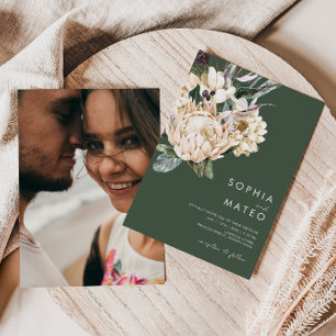 Vit Blommigt Mörk grönt Avslappnad Foto Bröllop Inbjudningar
