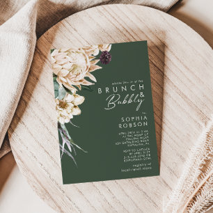 Vit Blommigt   Mörk grönt Brunch och Bubly Inbjudningar