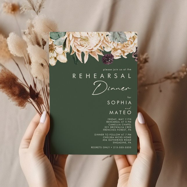 Vit Blommigt | Mörk grönt repetitionsmiddag Inbjudningar (Skapare uppladdad)